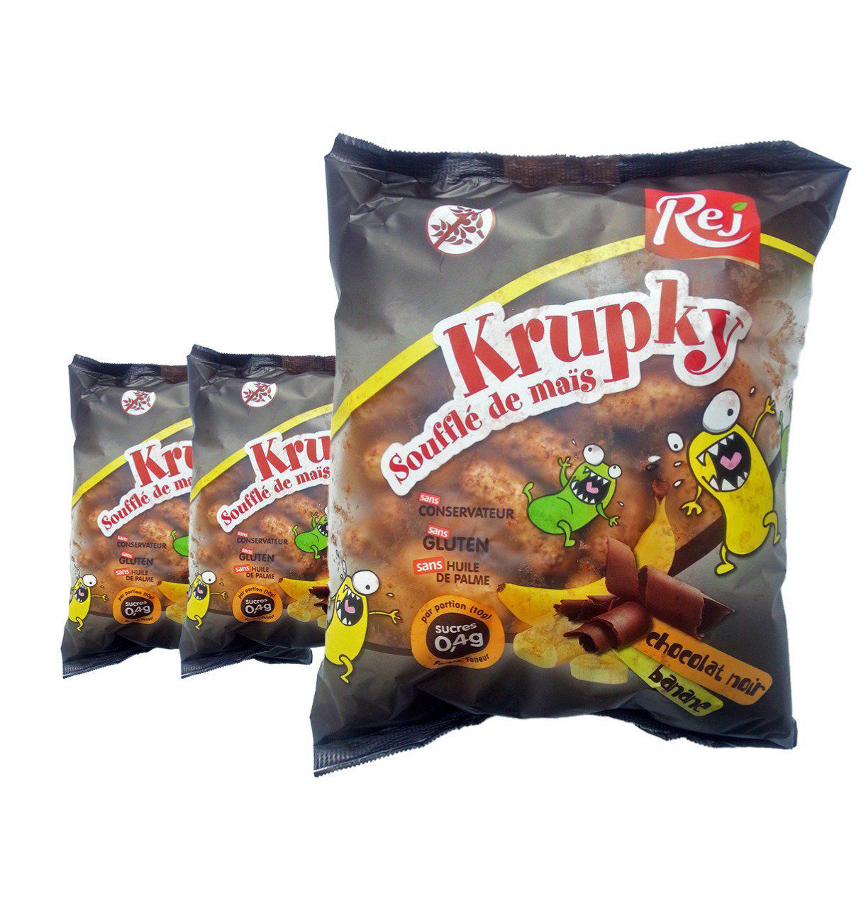 KRUPKY soufflé de maïs chocolat noir / banane - Pack de 3 sachets 