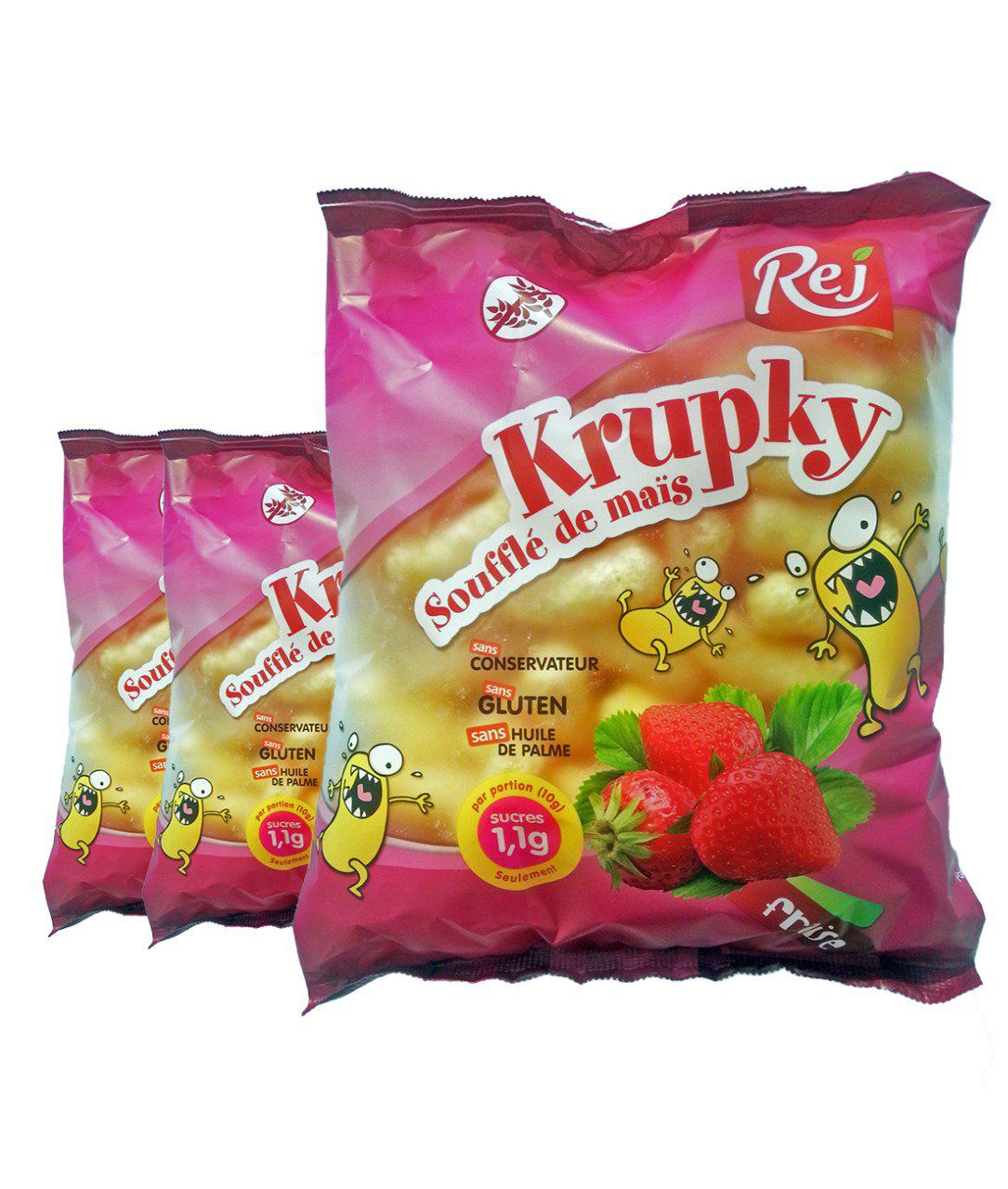 KRUPKY soufflé de maïs à la fraise - Pack de 3 sachets