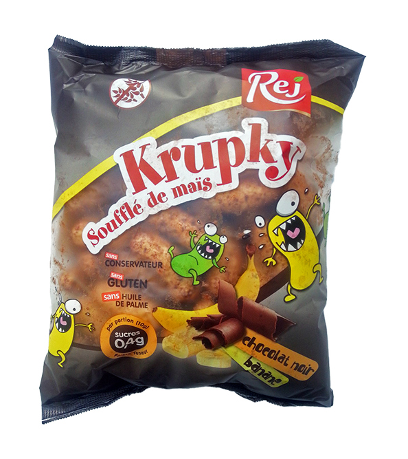 KRUPKY soufflé de maïs chocolat noir / banane - Carton de 27 sachets de 90g.