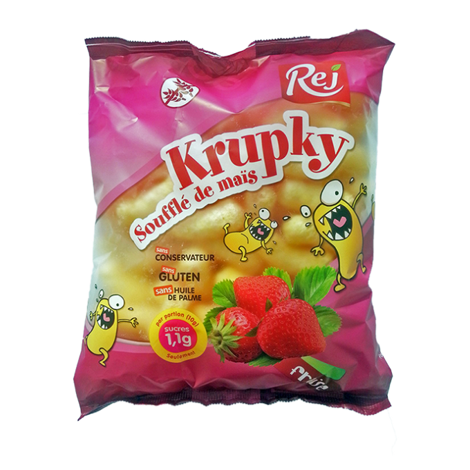 KRUPKY soufflé de maïs à la fraise - Carton de 27 sachets de 90g.